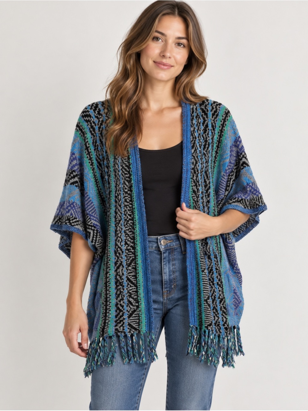 Ella Moss Malika Fringe Poncho Cardigan Sweater Kimono Aztec Cashmere Wool Small